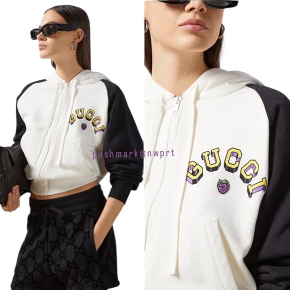 GUCCI 🍇 Hoodie Graphic Jacket Black Off White Zip Up Sweatshirt Logo S Small - Picture 15 of 15